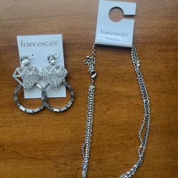Francesca’s Jewelry Set Of Diamond And Silver Earrings And Choker Necklace 
