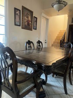 Large wood and marble dining table