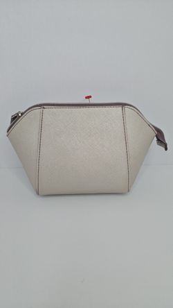 Beige Faux Leather Makeup Bag with Purple Interior and Zipper
