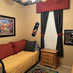 Boys Teens Bedroom Set (Black Iron Twin Bed, Mattress, Bedding, Nightstand, Curtains, Wall Art)