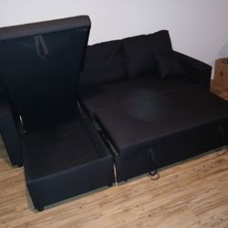 Black Linen Pull Out Sectional Sofa w/storage chaise