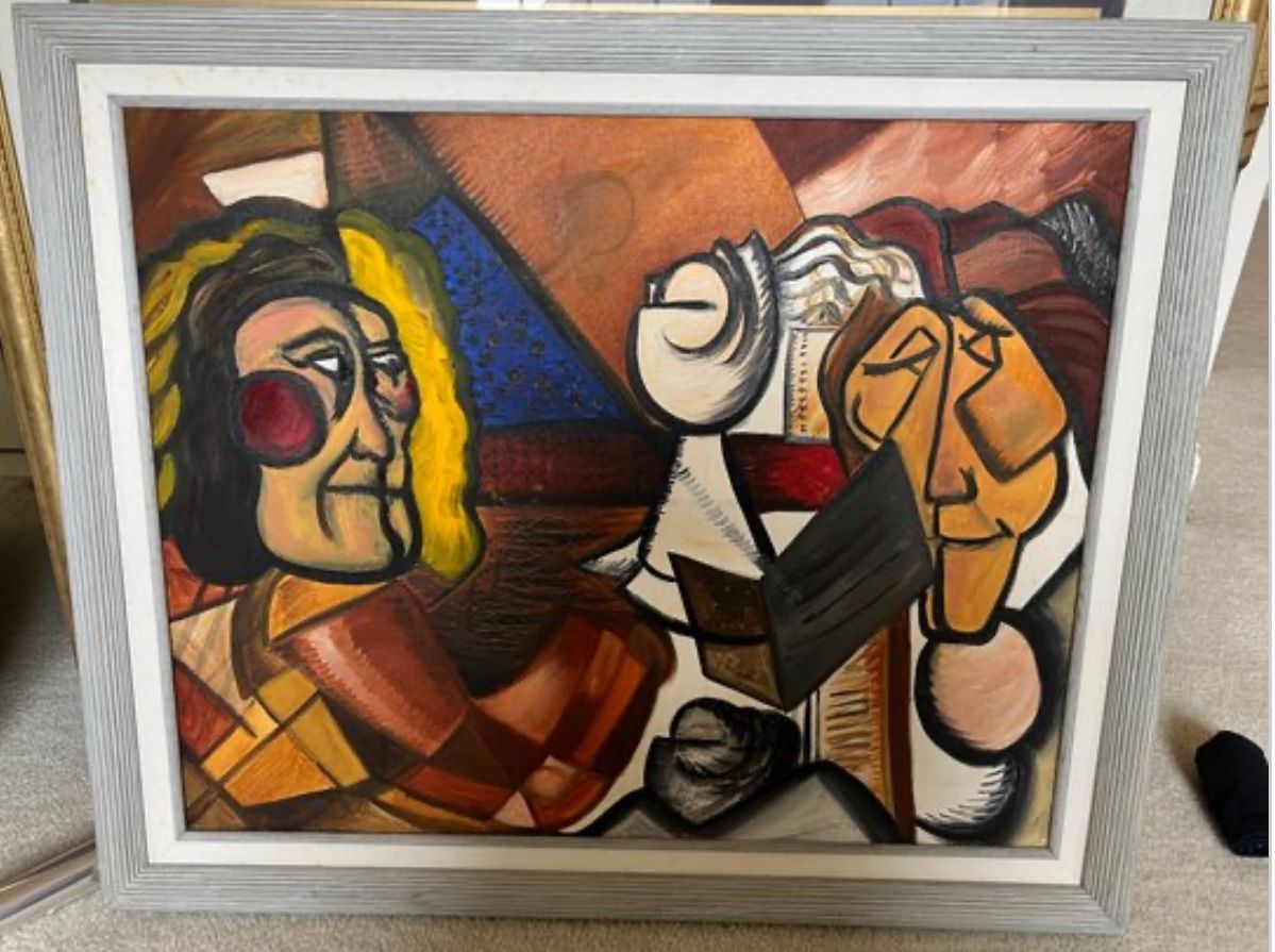 COLORFUL VIBRANT CUBISM ABSTRACT FRAMED OIL PAINTING