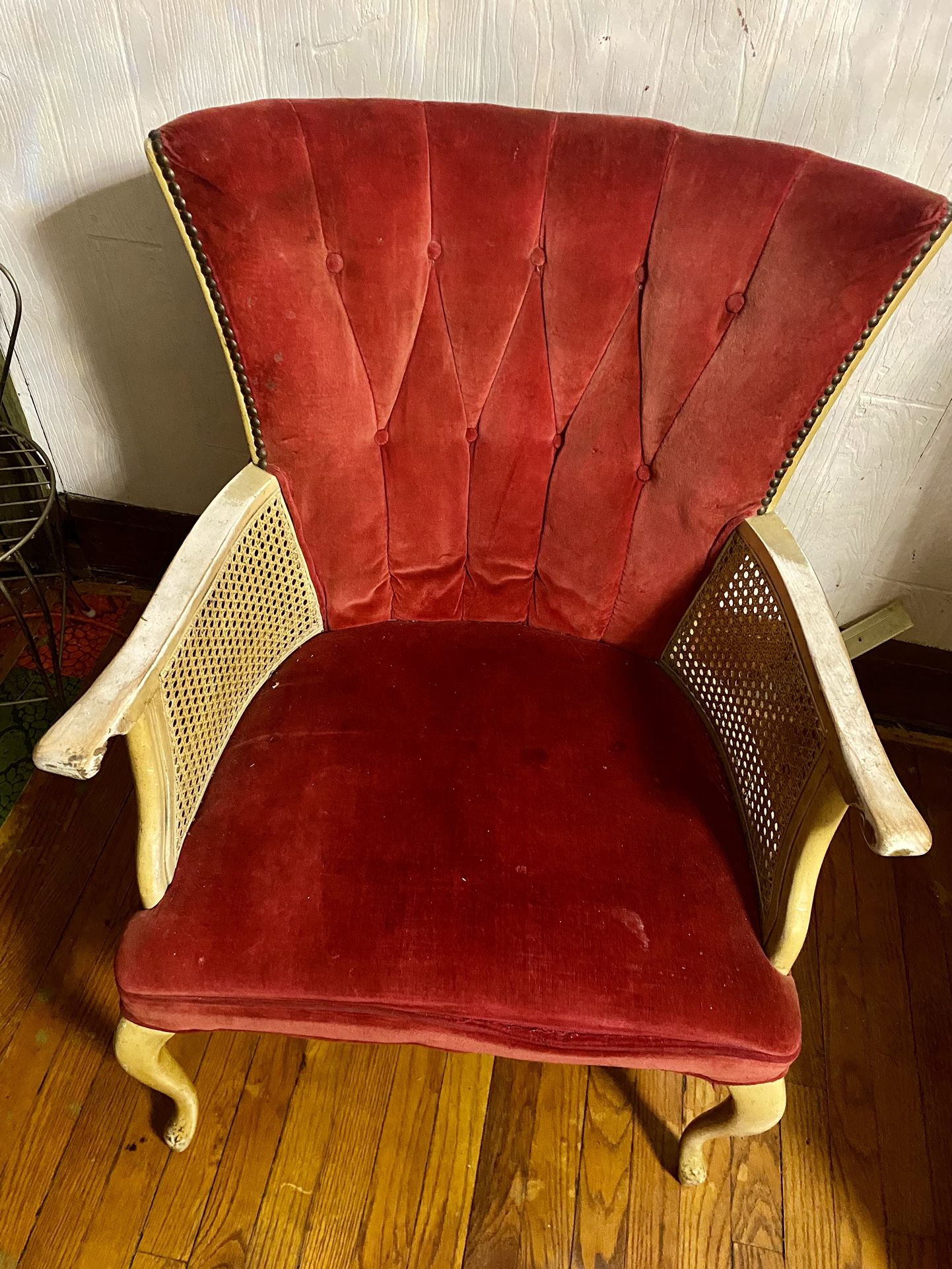 Vintage Velvet Tufted Cane Armchair 