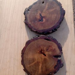 Set of 2) Handmade Rustic Pecan Wood Deco Coasters Functional Artwork one-of-a-kind