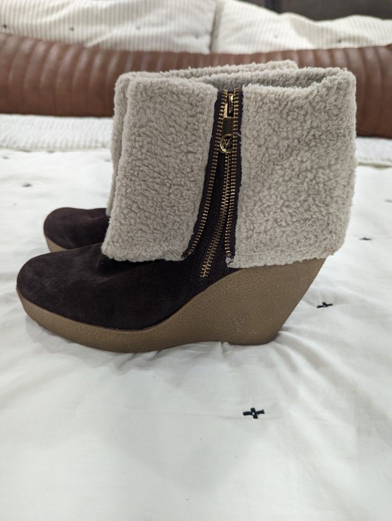 Michael Kors Fur Cuff Wedge Booties Sz 8