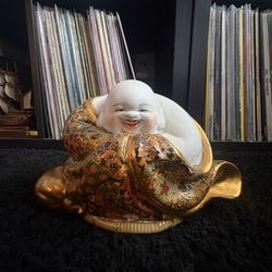 Vintage Hand-Painted Ceramic Buddha Statue – Gold Accents – 10” Wide