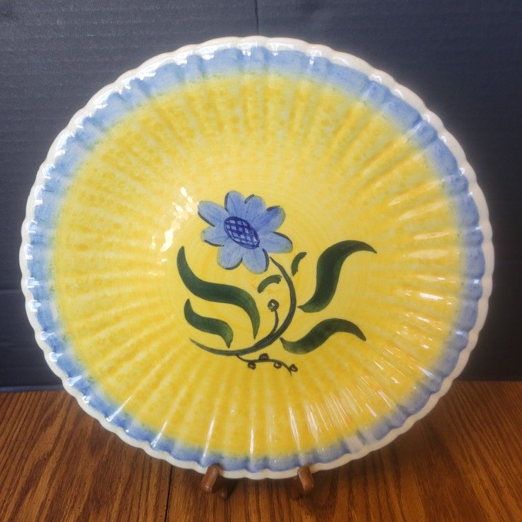 Vtg 12" STANGL Pottery Blue Bell Ribbed Dinner Plate Handpainted Signed DEV 3334