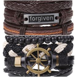 2 x Set Adjust. Size up to 9.5inc Leather Bracelet, (Forgiven-Ship Rudder)