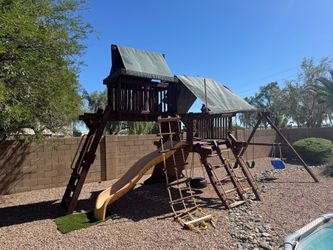 Large Wooden Backyard Playset with Slide and Swings