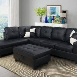 💥AMAZING  Black 3PCS Sectional W/Storage Ottoman (Left Chaise) 👍90 days FREE FINANCING ❗NO CREDIT CHECK❗ 