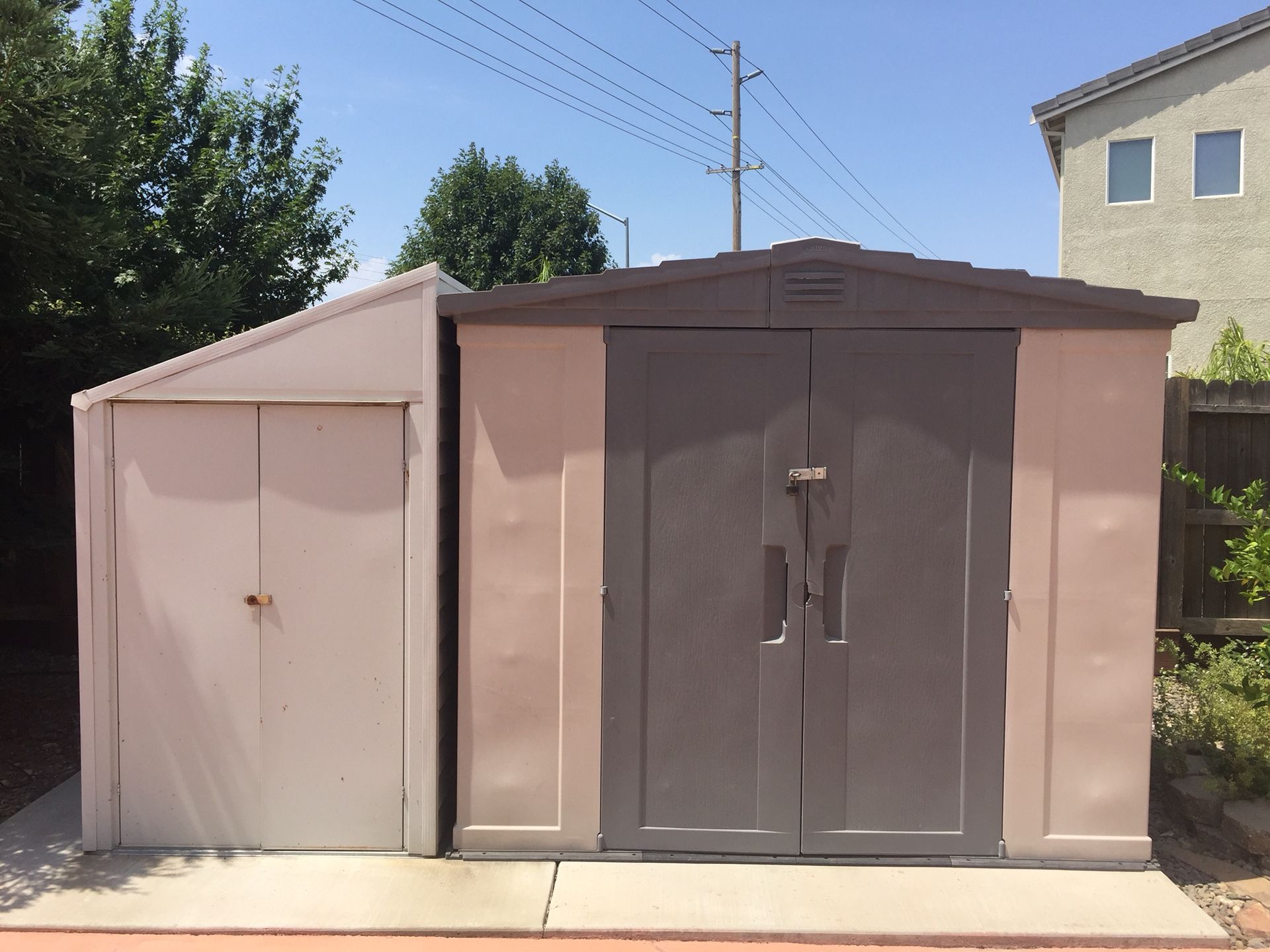 Two yard Sheds 8x8x7 Keter plastic 7x4x6 Yardsaver metal garden storage