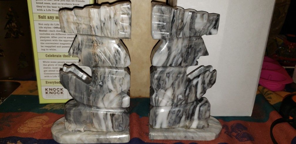 Large Marble Aztec / Mayan Warrior Carved Book Ends