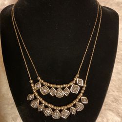 Goldtone Double Strand Necklace With Teardrop Charms With Smoky Grey Crystals