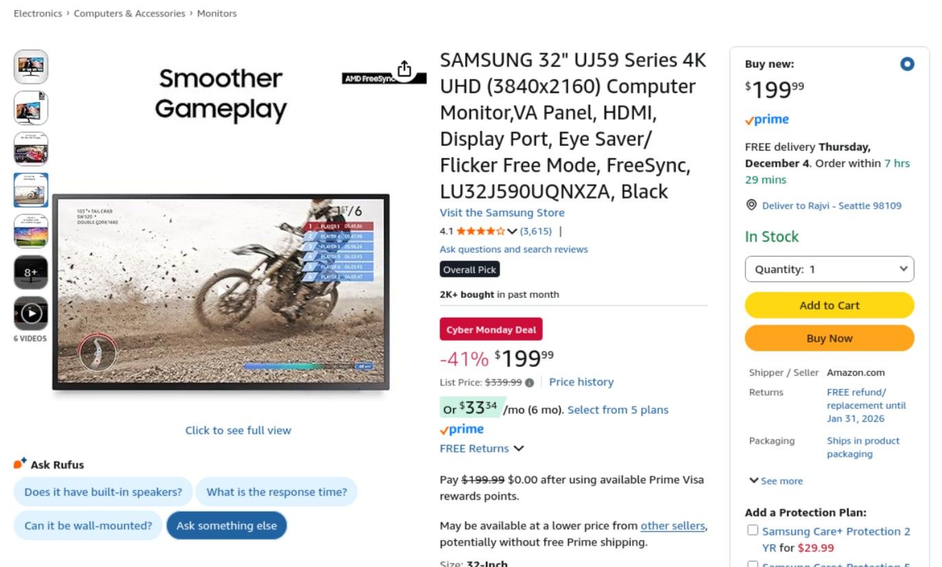 SAMSUNG 32" UJ59 Series 4K UHD (3840x2160) Monitor