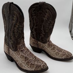 Laredo Monty Men’s 10 D Snakeskin Print Cowboy Western Boots Brown Pointed Toe 