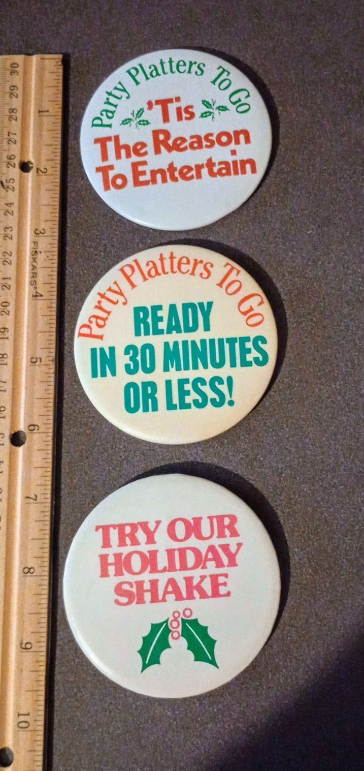 Christmas Holiday Platters Restaurant Store Advertising Vintage Collectible Lapel Pin Button Pinback Lot Of 3 A-1