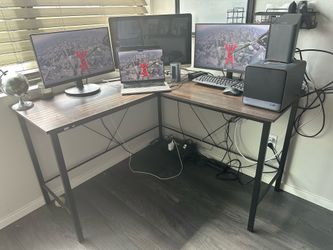 Modern L-Shaped Computer Desk - Dark Wood & Black Metal
