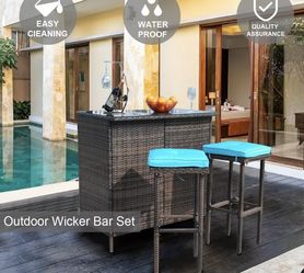 3 Piece Outdoor Wicker Bar Stools Set Patio Rattan Furniture Set with Cushions FREE SHIPPING