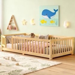 🔥Brand new in Box 🔥Twin Size Floor Bed with Safety Fence & Door,Montessori Low Profile Bed-Frame with Wood-Slat Support & Guardrail,Solid Wood Platf
