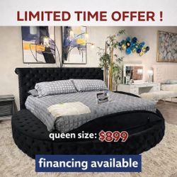 Black queen size round storage bed frame // Mattress sold separately 