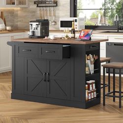 Kitchen Storage Island with 2 Stools, 51” Mobile Kitchen Cart with Drop Leaf & Power Outlet, Rolling Island Table Dining Room Buffet with 2 Drawers &