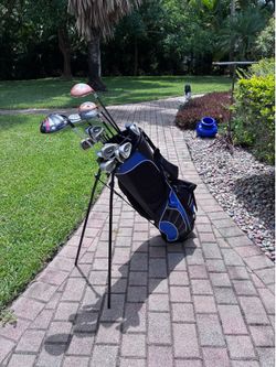 Gold club bag and 18 clubs