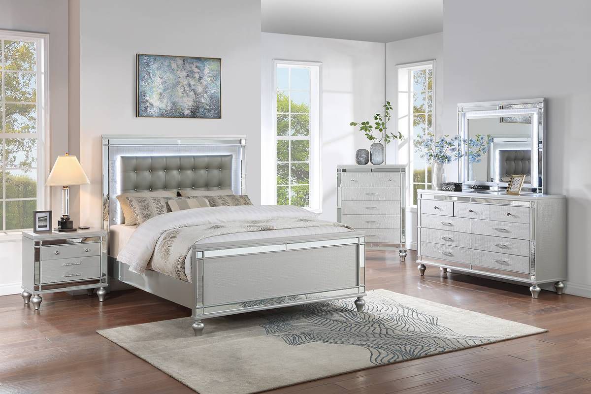 Bedroom Set. Dresser Mirror  Nightstand And Queen Bed (wood Silver Tufted Faux Leather W/ Wireless Charging )
