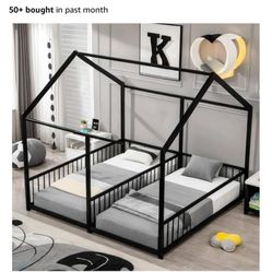 DNYN Twin Size Double Montessori Floor Bed with Roof and Fence Deisgn for Kids Bedroom,Sturdy Steel House Shaped Floor Bedframe,No Box Spring Needed &