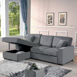 Dark Gray Fabric LHF Pull Out Sectional Sofa & Storage 