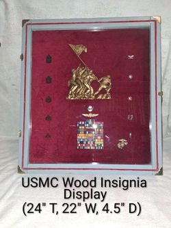 USMC Wood Insignia Shadow Box Display Cabinet (Includes All Insignia's Shown)
