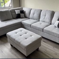 Gray Linen Sectional Couch And Ottoman