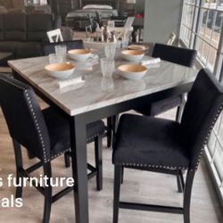 Elegant! 5-pc Counter Height Dining Table Set With Black Velvet Upholstered Chairs 