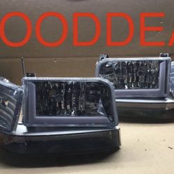 #4 FIT 92-1996 Ford F150 / F250 /F350 / Bronco Chrome LED Bar DRL Halogen Headlights Head Light Pair Set Lamp