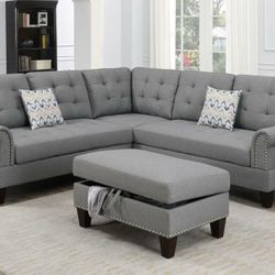 Brand New Grey Sectional Sofa w Storage Ottoman 