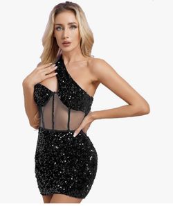 Freebily Women's Sequin Glitter Mesh Patchwork Dress One Shoulder Bandage Bodycon Dress Dresses