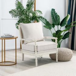 Home Furnishings Kaylee Spindle Accent Chair with Antique White Wood Frame, White Linen Fabric