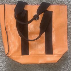 Orange Structured Tote Bag with Brown Handles
