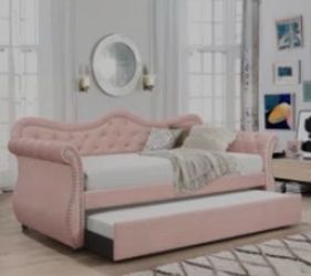 PINK UPHOLSTERED DIAMOND STUDDED DAYBED W/ TRUNDLE