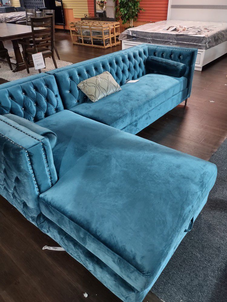 New Sectional Sofa With Diamond Tufted Teal Velvet