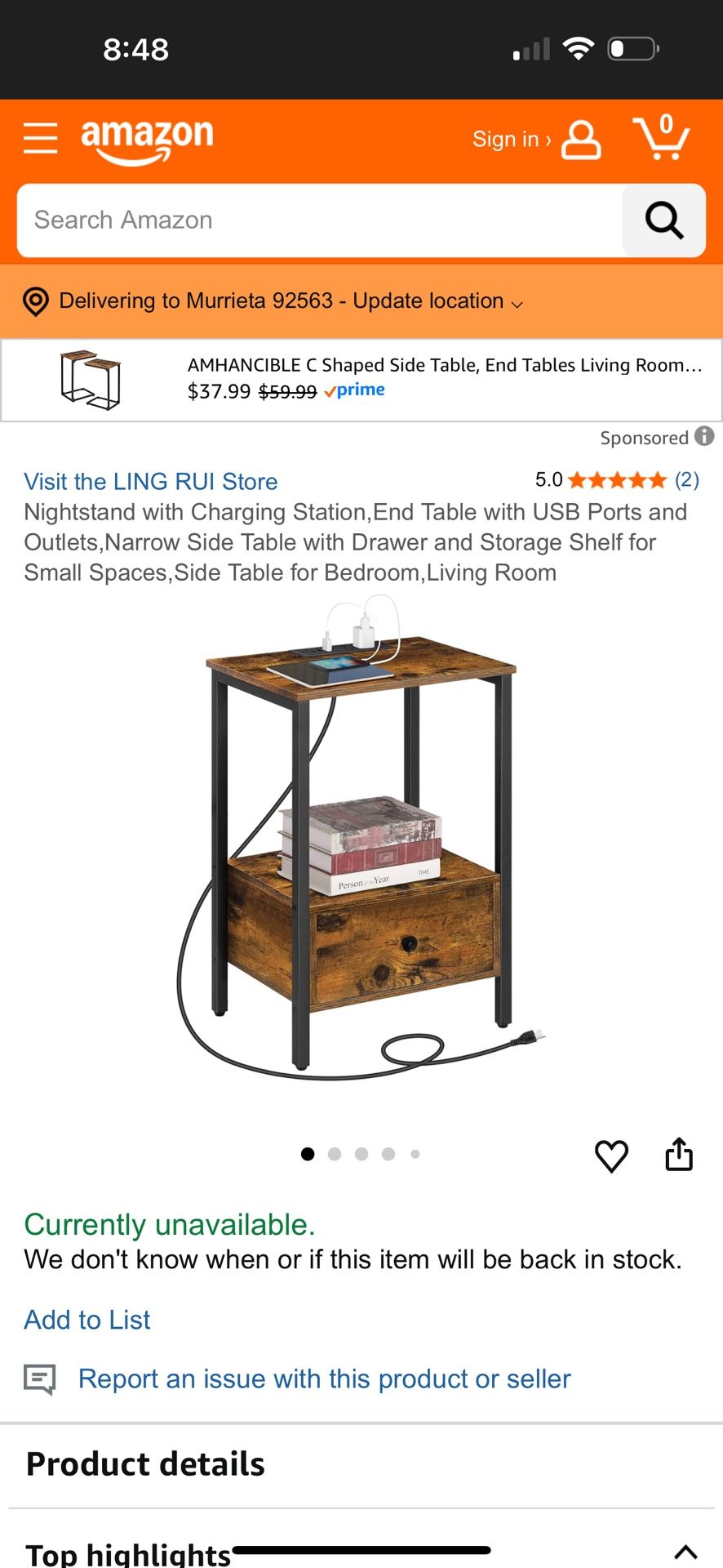 Nightstand with Charging StationEnd Table with USB Ports and OutletsNarrow Side Table with Drawer and Storage Shelf for Small SpacesSide Table for