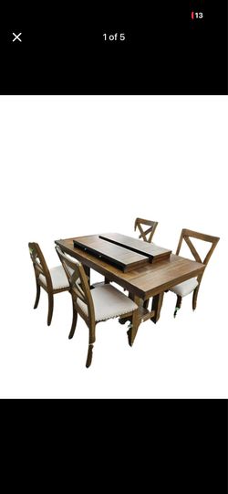 Polished Wood Dining Room Set W/ Table Extensions and Chairs