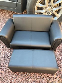 Black Faux Leather Kids Loveseat with Ottoman