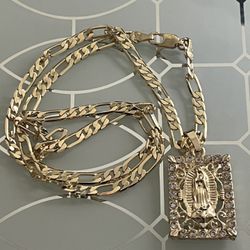 Virgin Mary Gold Plated Pendant With Chain Necklace 20” 4mm 