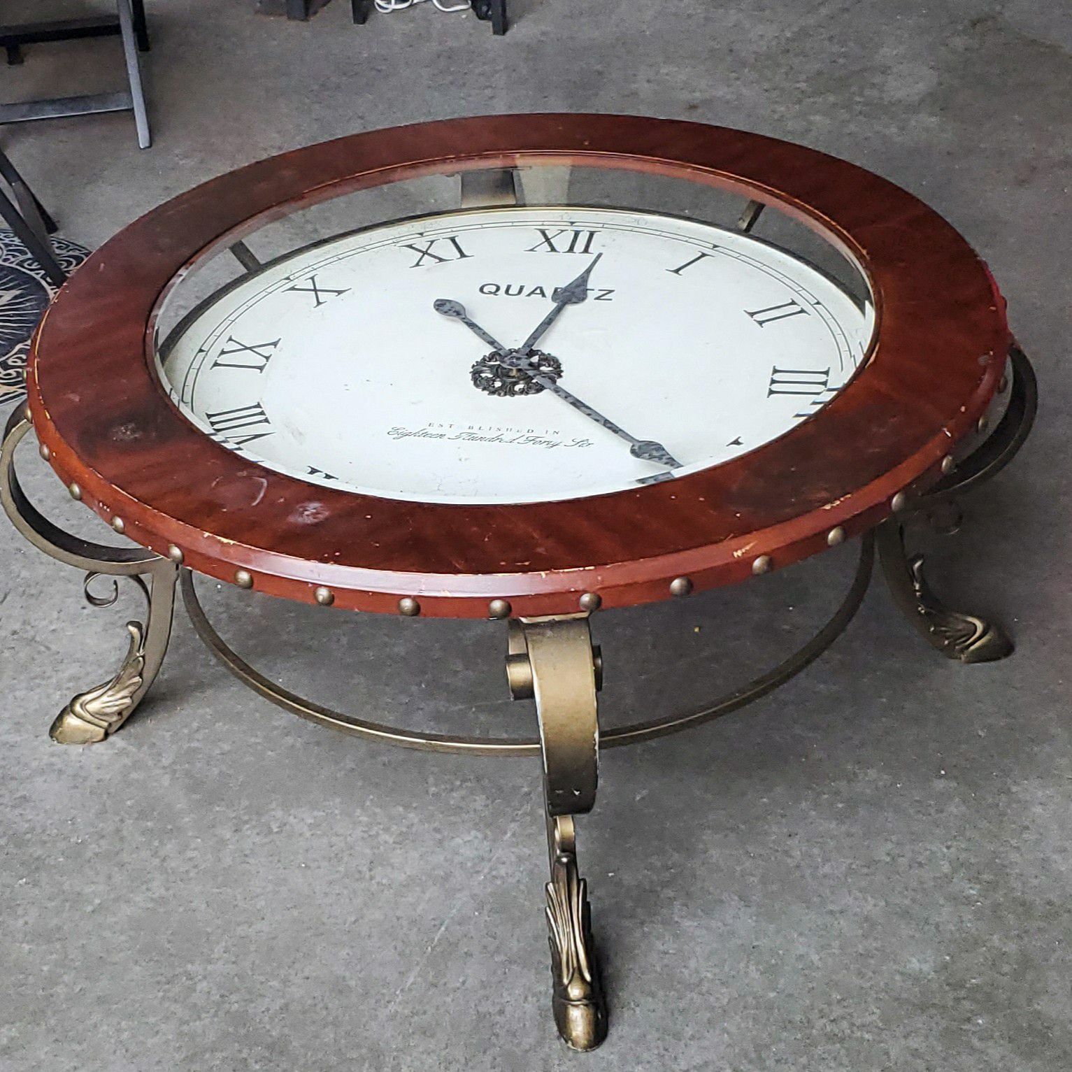 Large Glass Top Antique Vintage Clock Coffee Table