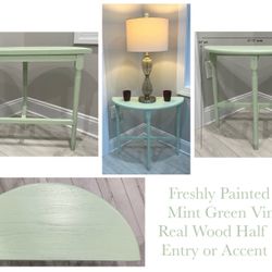 Freshly Painted Pale Mint Green Vintage Real Wood Half Moon Entry or Accent Table