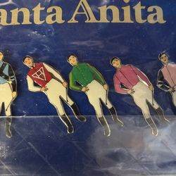 New set of vintage souvenir lapel pins from Santa Anita Park, a famous Thoroughbred racetrack in Arcadia, California.  Type: Enamel and gold-tone meta
