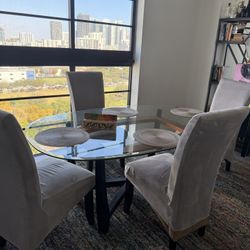 Modern Round Glass Dining Table with Black Wood Base Comes With 4 Chairs 