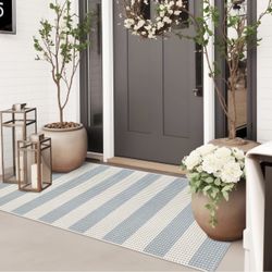 2'x4.3',Blue and Cream Washable Rug Runner, Cotton
