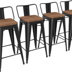 24" Metal Barstools Set of 4 Counter Bar Stools with Wood Top Low Back Matte Black