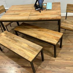 West Elm Box Frame Dining Table With 2 Benches And 2 Chairs